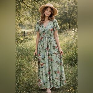 Sage Green Floral Maxi Dress | Size S | Boho Cottagecore Romantic Garden Party